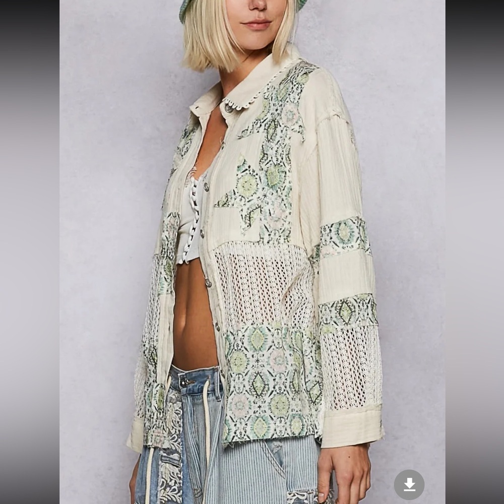 POL. π Cream and Green Patchwork Button-Up Shacket With Mesh Detailing - Picture 3 of 4